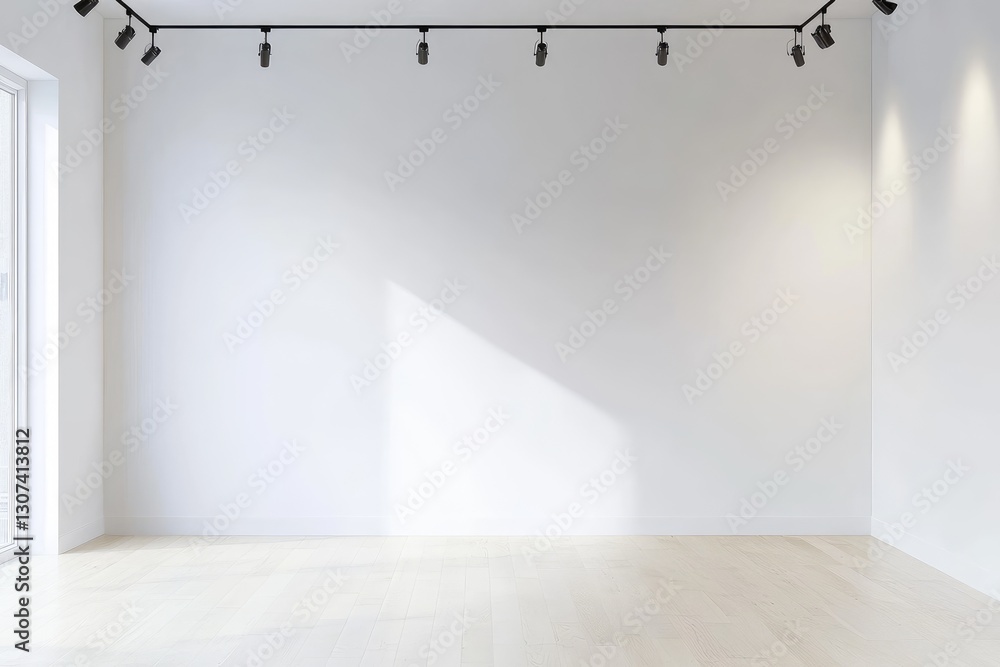 Poster a white wall with modern track lighting and natural sunlight casting soft shadows on a minimalist in