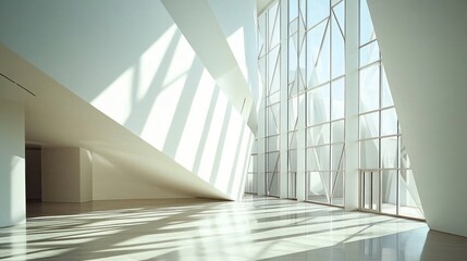 Modern architectural interior, sunlit hall with large windows, city view in background