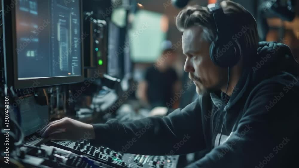 Poster professional audio engineer wearing headphones working on audio mixing console, adjusting sound leve