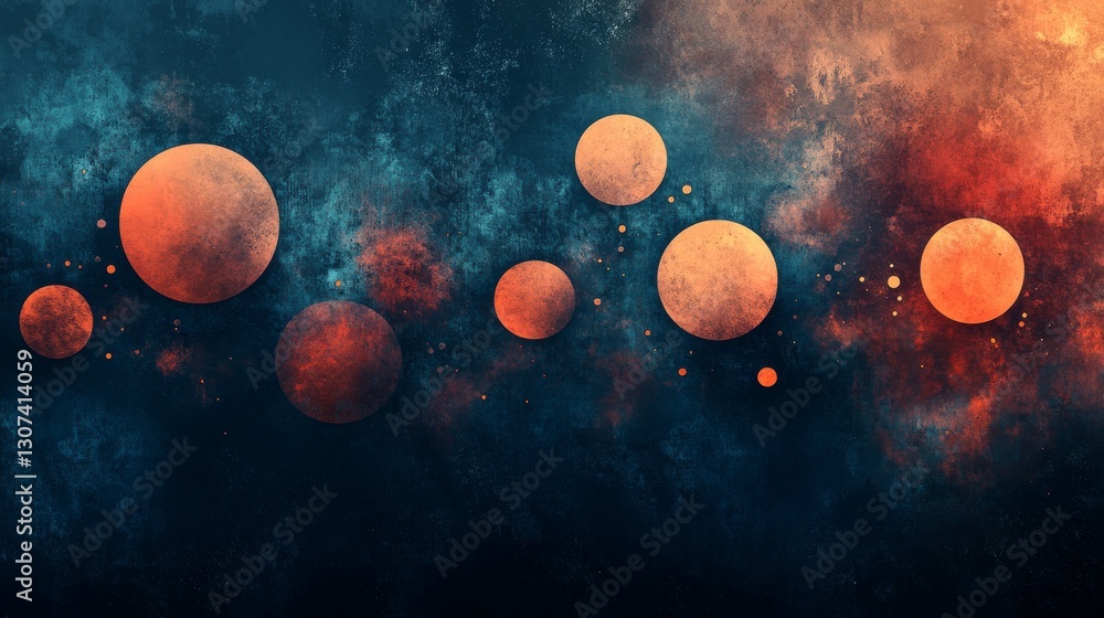 Poster floating celestial spheres of orange and red are on display