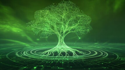 A glowing green wireframe tree.
