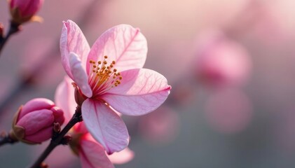 Fototapeta premium Pastel pink petals unfurl on a delicate branch, spring flowers, soothing, soft focus