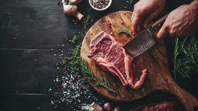 Man cuts tomahawk steak with cleaver on wooden board