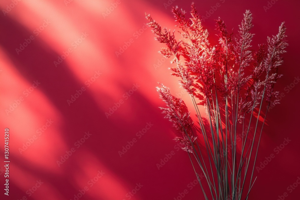 Poster red tinted foliage against a red backdrop with light creating a dramatic shadow simple yet striking 
