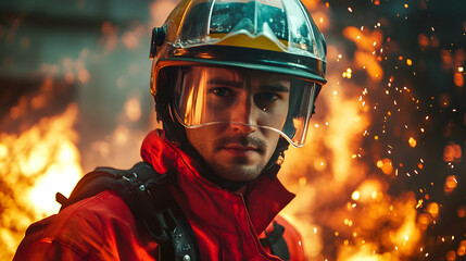 Portrait of a Firefighter in Front of a Fiery Blaze