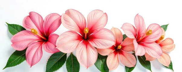 Fototapeta premium Large isolated flowers in front of white surface with leaves, isolated, flowers