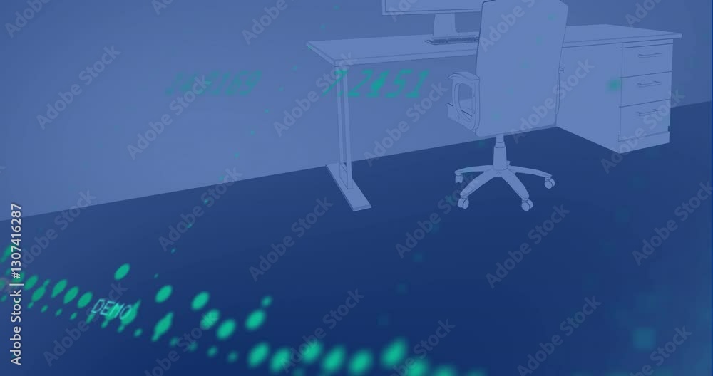 Poster digital data stream animation over modern office desk and chair setup