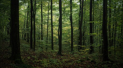 Obraz premium A dense forest with tall trees and abundant green foliage