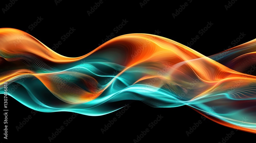 Poster flowing abstract wave forms with multiple colors and a dark background