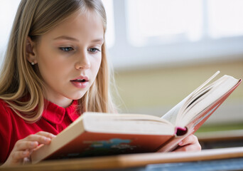Elementary school student reading a book at her desk in a classroom