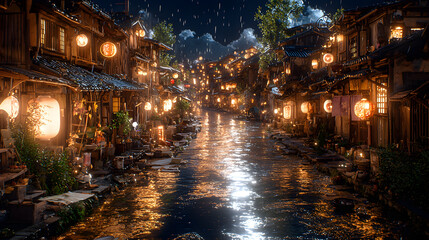 Fototapeta premium A serene riverside town with glowing lanterns during the night