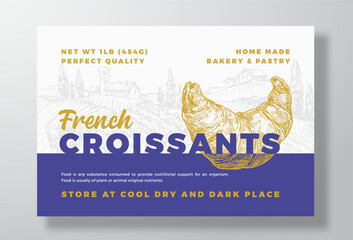 Croissant Bread Vector Packaging Design Label Background. Bakery Food Product Banner, Hand Drawn Pastry Food Sketch Silhouette Color Paper Banner Layout. Isolated