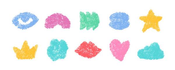 Pencil Color Squiggle Retro Abstract Stickers Vector Set. Chalk Scribble Handcrafted Sign Shapes Collection. Colorful Hand Drawn Brush Texture Squiggle Labels. Pencil Charcoal Vintage Emblems Bundle