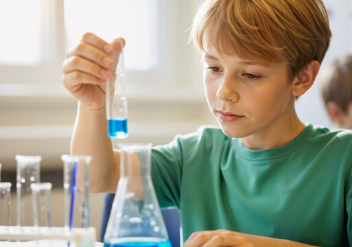 Young student pouring blue chemical from test tube into erlenmeyer flask during chemistry experiment in science class