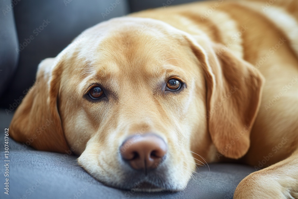 Poster relaxed golden retriever enjoying a cozy moment on a soft couch in a warm living room during the aft