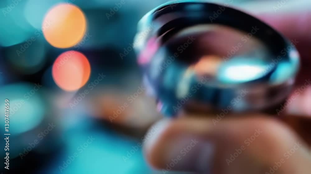 Aufkleber close up of a technician's hands examining and rotating an optical lens, with a blurred background o