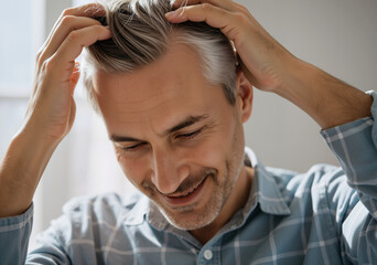 Smiling, middle aged man runs his hands through his graying hair, showing acceptance and confidence