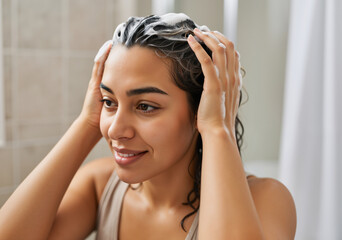 Naklejka premium Smiling woman gently massaging her wet hair with shampoo, enjoying her daily beauty routine in a bright bathroom