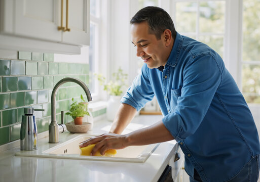 Smiling man washing dishes in bright kitchen, enjoying household chores and maintaining cleanliness