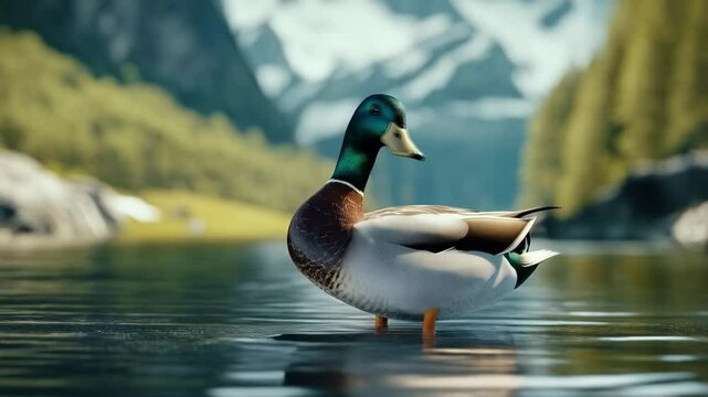 The duck paddled serenely across the pond, its vibrant feathers glistening in the sunlight as it quacked softly.
