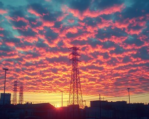 Dramatic sunset illuminates clouds above urban infrastructure with power lines
