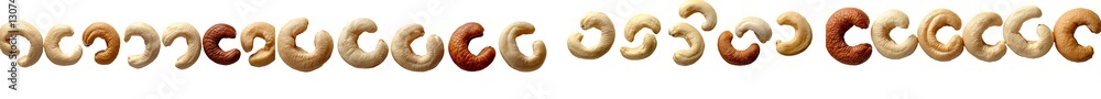 Poster on a white background, a selection of salted cashew nuts is isolated and photographed from directly 