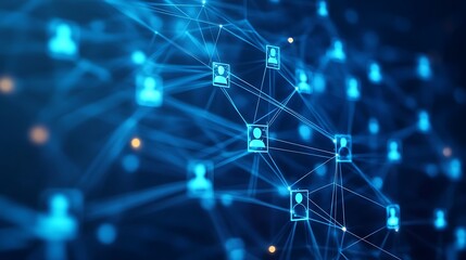 Obraz premium Abstract digital network with people icons on a blue background, hyper-realistic fine art oil paintings, tattoo style, high-resolution, detailed, painterly, professional color grading.