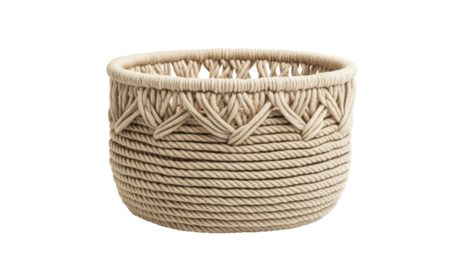 Handcrafted rope basket for storage and decor. A beautifully handwoven rope basket featuring intricate knotted details and a natural beige color, perfect for stylish home storage and bohemian decor.
