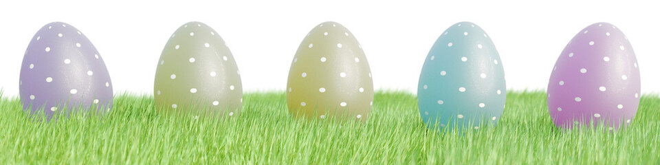 Colorful Easter eggs arranged on green grass for the holiday celebration. 3d rendering