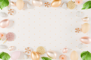 Decorative easter holiday layout with pastel ornaments and floral accents on a light background. 3d rendering