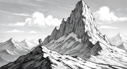 mountain peak, dramatic landscape, black and white, monochrome, silhouette figures, rocky terrain, jagged cliffs, epic scale, atmospheric, misty mountains, high contrast, adventure scene,