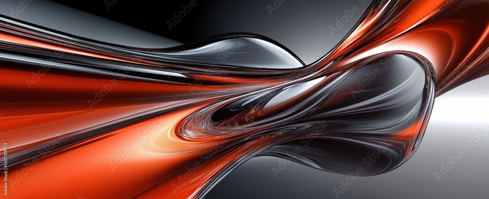 Poster dynamic abstract shapes in red, black, and silver flowing together, creating a sense of movement and