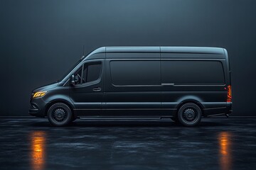 Sleek black van in a minimalist studio setting showcasing its modern design and practical functionality for commercial use