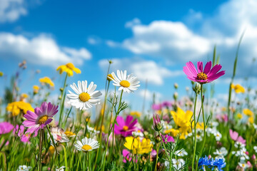 Fototapeta premium Colorful wildflowers in a meadow, vibrant daisies, and a blue sky background create a springtime nature landscape.