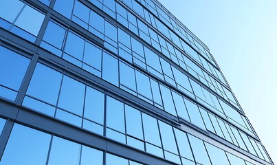 Obraz premium Modern glass building reflecting the sky, showcasing sleek architecture and urban design.