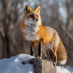 Red fox on snow, winter woods background