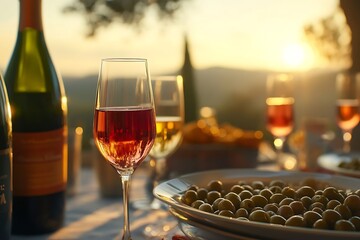 Naklejka premium Sunset dinner party in southern France with wine glasses and olives on the table, champagne bottles on the side. Close-up of red wine glass, warm golden hour light.