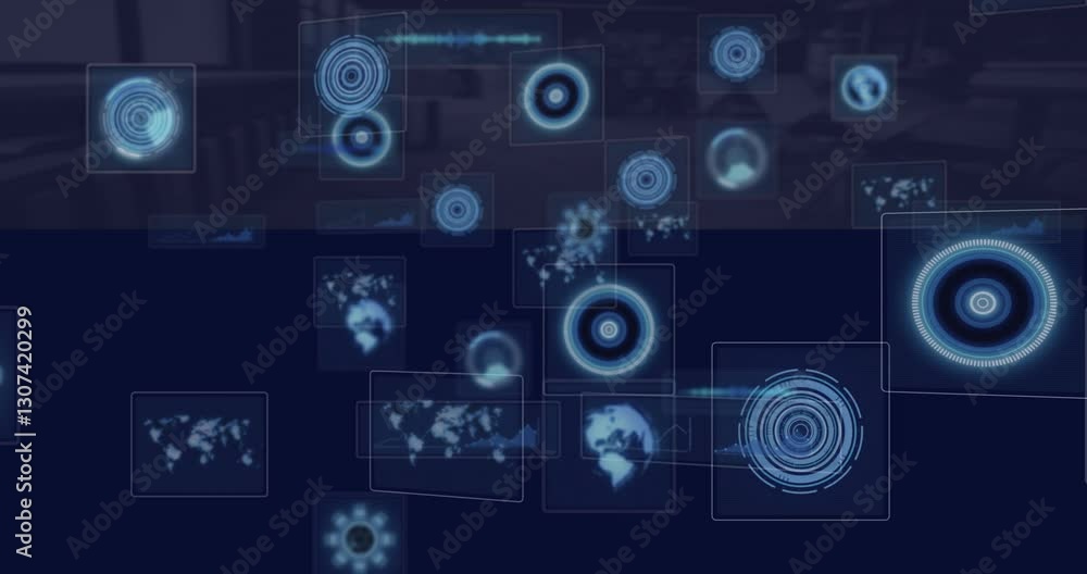 Aufkleber digital animation with world maps and target symbols over dark blue background