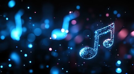 Glowing blue musical note symbol floating in dark space with bokeh lights and sparkles, creating magical atmosphere for music and entertainment concepts.