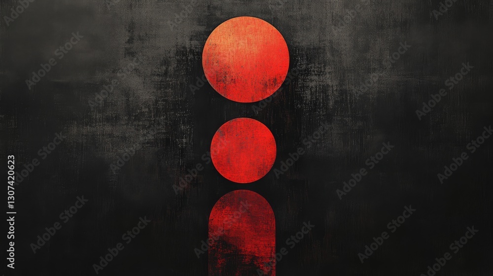 Poster three red shapes arranged vertically on a dark background surface