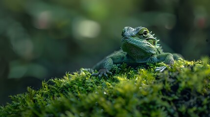 Obraz premium Green bearded dragon lizard resting on moss covered surface in natural environment, soft bokeh background creates dreamy wildlife atmosphere.