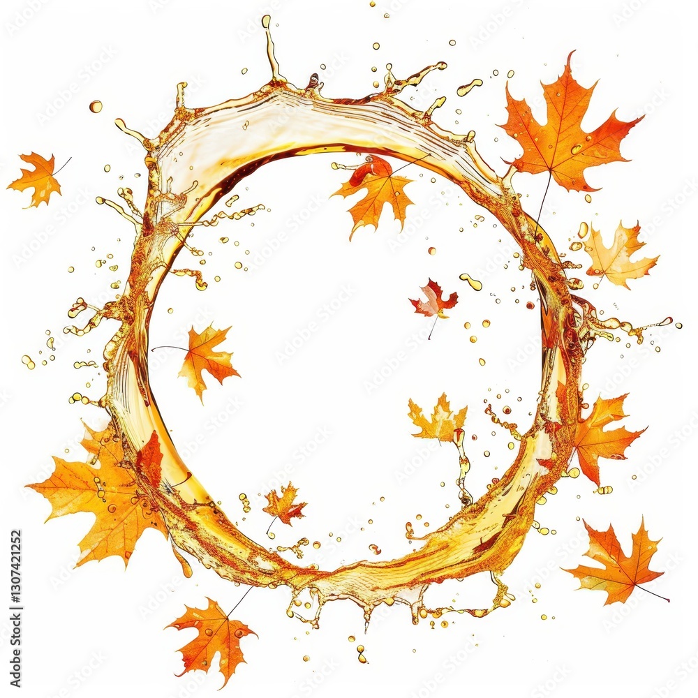 Poster vibrant circular splash of maple syrup with autumn leaves captured in a photography setting