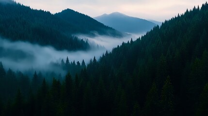 Obraz premium Mystical morning fog rolling through dense evergreen forest valley at dawn, with layered mountain silhouettes creating atmospheric depth in moody blue tones.