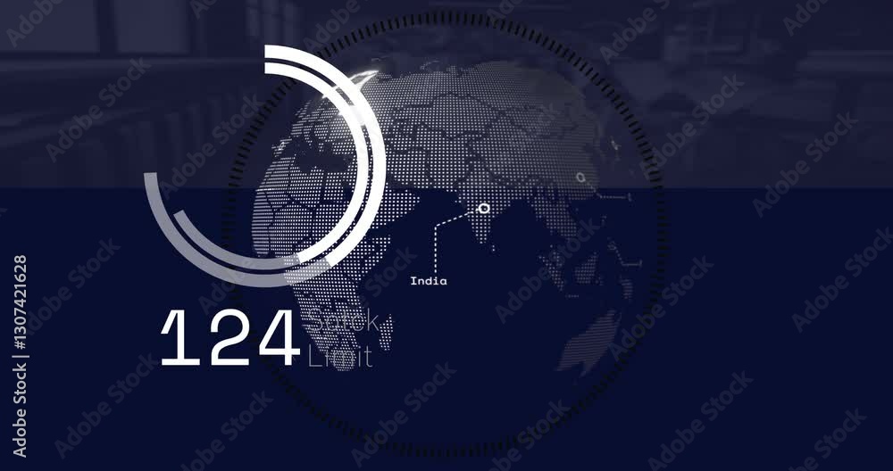 Poster animation of digital globe with data points and stock limit indicator in school