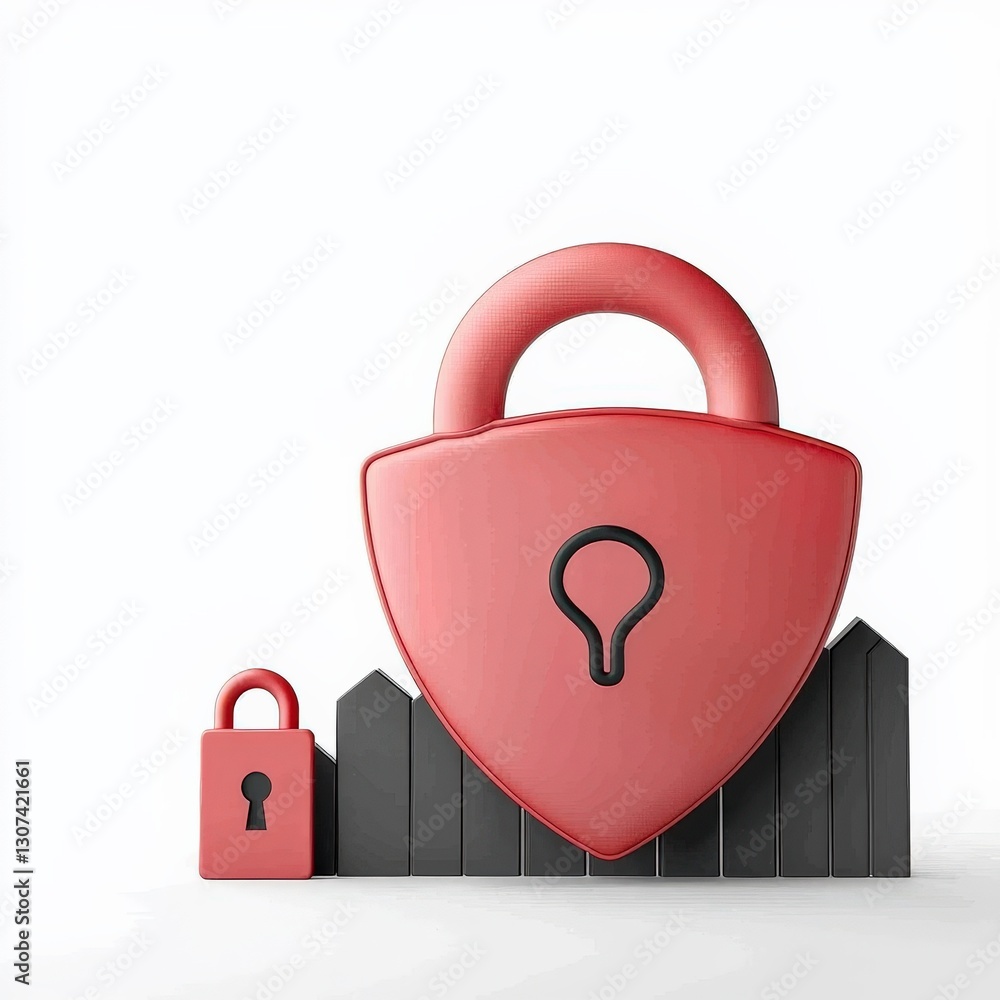 Poster mobile payment security platform concept. large red padlock with a shield design on a black fence ba