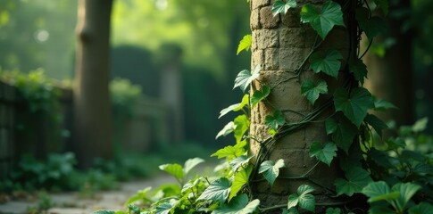 Fototapeta premium Delicate tendrils of ivy wrapped around a stone column, vines, foliage