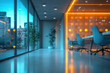 A modern office space with vibrant colors plants and a sleek conference room showcasing a stylish and professional atmosphere