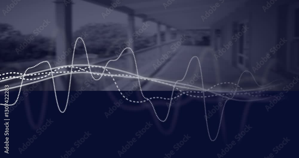 Poster abstract waveforms animating over blurred corridor background in school setting