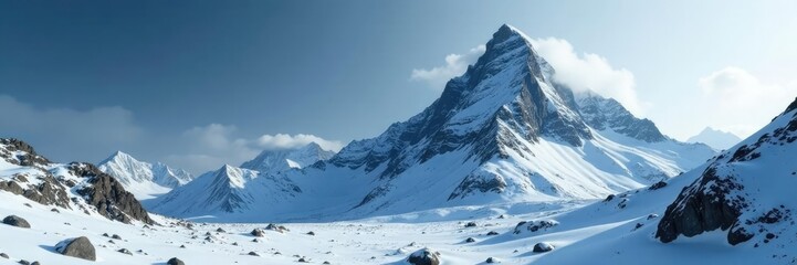 Fototapeta premium Dark rugged landscape with snow-covered peak and black tusk mountain, landscape, winter, snow