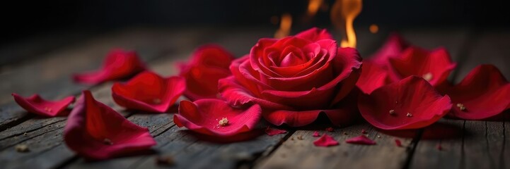 Dark rose petals burning fiercely on wooden surface, dark, flames